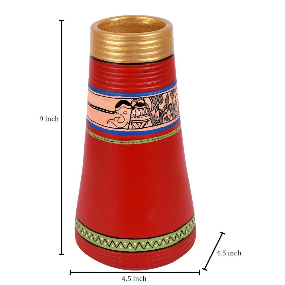 Moorni Vase Earthen Handcrafted Red Madhubani 9x4.5(HxD)