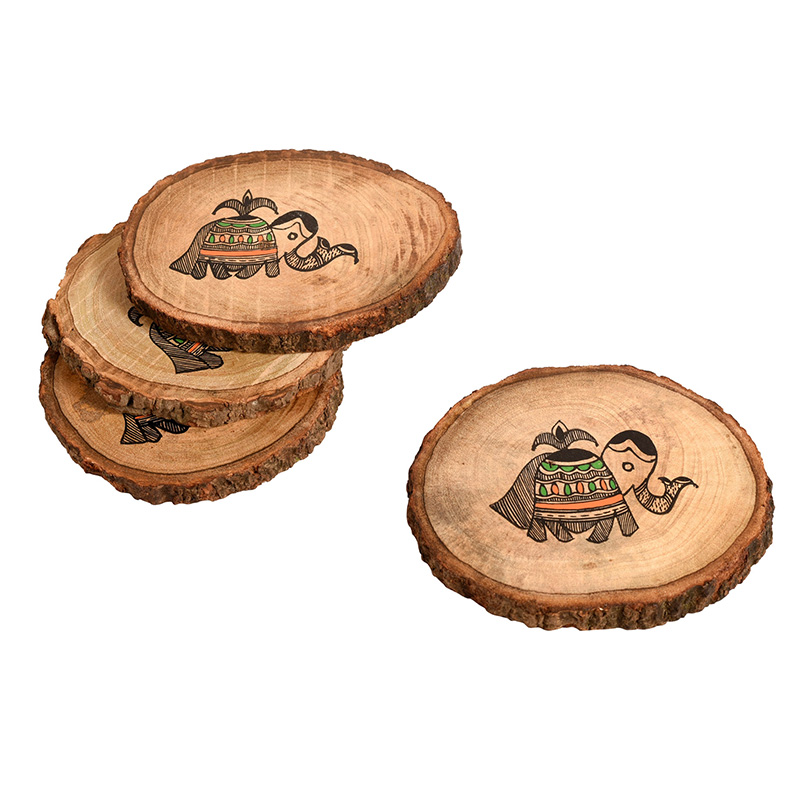 Moorni Coaster Round Wooden Handcrafted with Tribal Art - Set of 4 (4Ã—4 in)