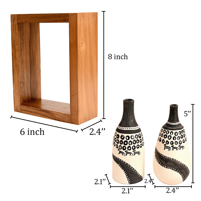 Moorni Wall Decor 2 Wooden Shelf Handcrafted 2 Warli Pot White - (6x2.5x8 in)