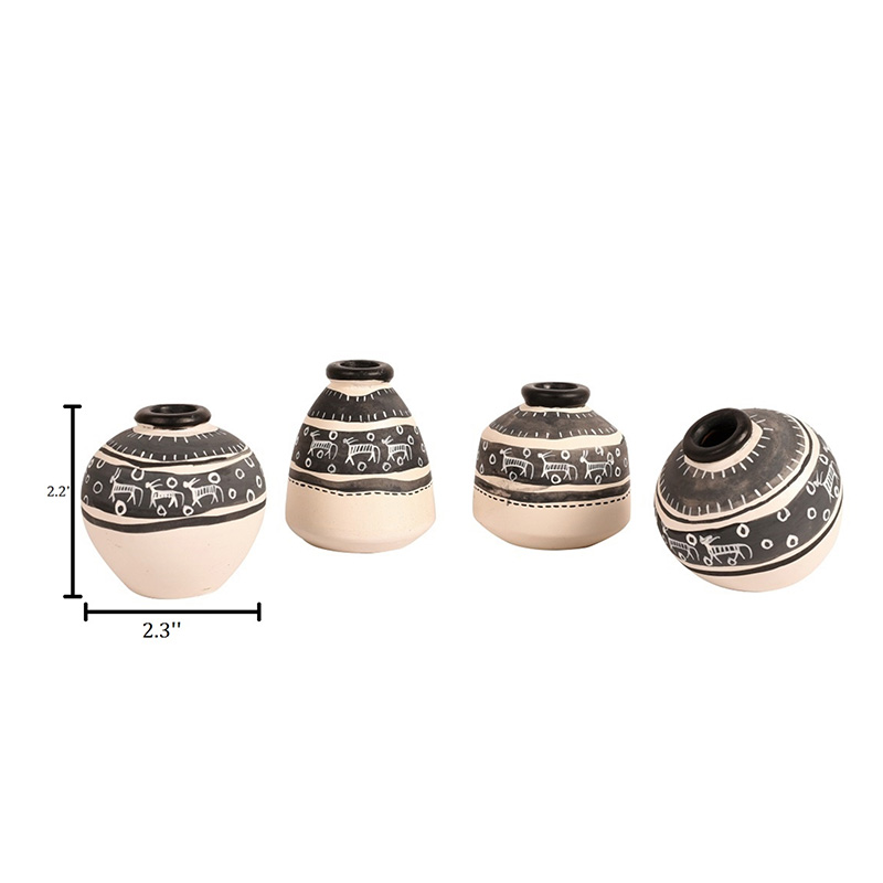 Moorni Wall Decor Ladder & 4 White Handcrafted Warli Pots - (16.5x2x6 in)