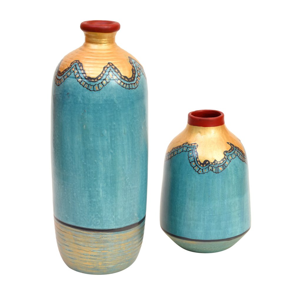 Moorni Turquoise Blue Golden Glaze Vase Set of 2 (10.5x4/6.5x4 Dia)