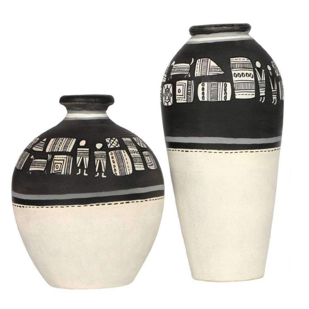 Moorni Vase Earthen Handcrafted Black & White Warli (Set of 2) (5x5/6x3)