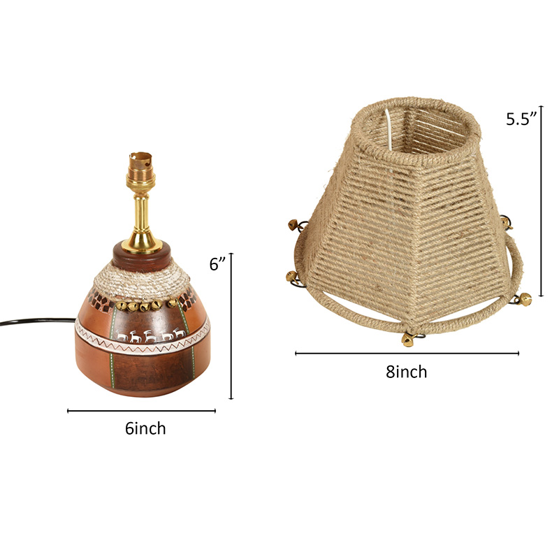 Moorni Hand Knitted Earthen Lamp with Jute Shade on Rosewood Manji - (7x7x18 in)