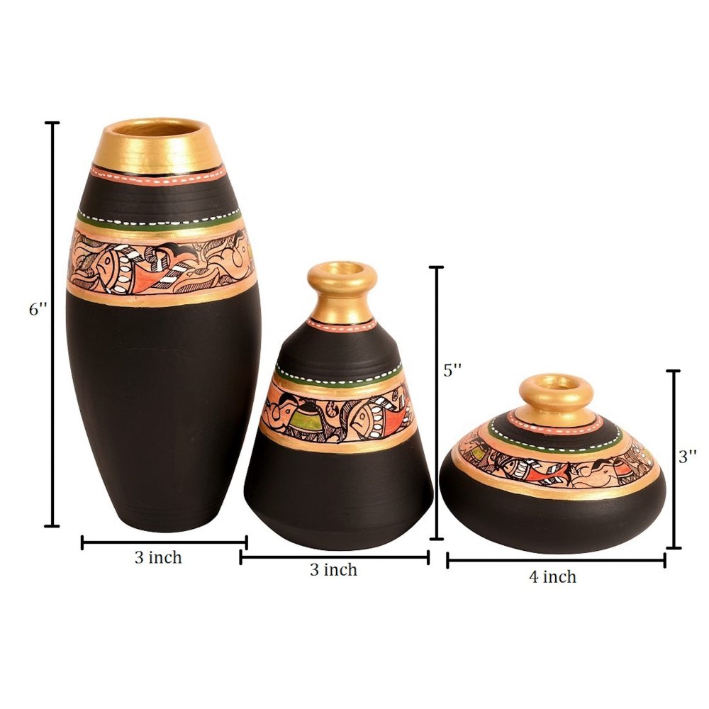 Moorni Vase Earthen Black Madhubani (Set of 3) 6/5/3