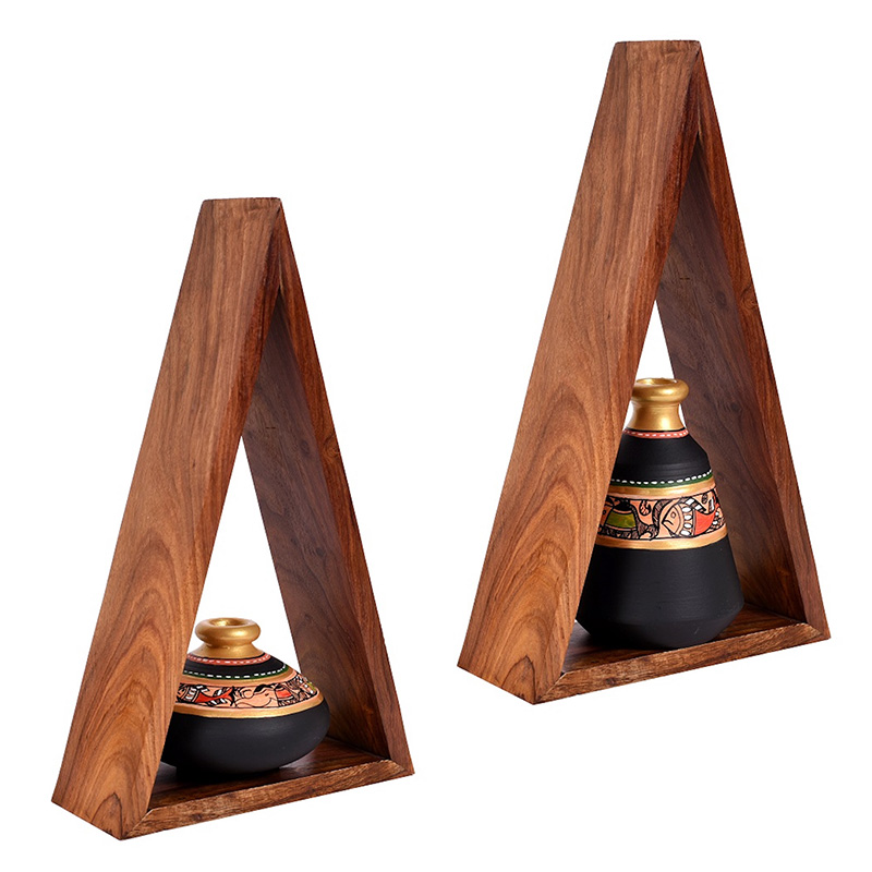 Moorni Wall Decor 2 Wooden Shelf & 2 Pots Madhubani Black - (5.5x2.5x8.5 in)