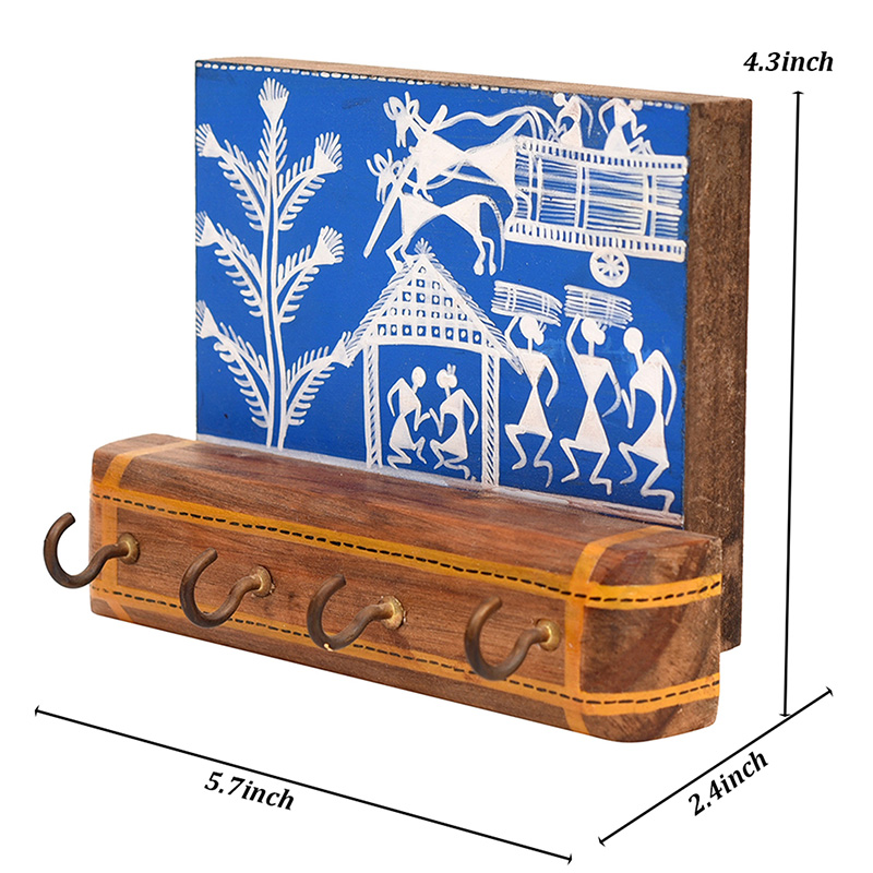 Moorni Blue Key Hanger with 4 Hooks adorned with Warli Motifs - (5.7x2.4x4.3 in)