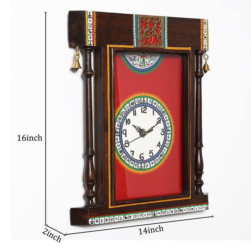 Moorni Wall Clock Handcrafted Warli Art Red Dial with Glass Frame - (14x16 in)