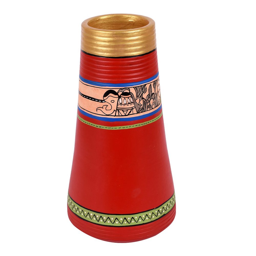 Moorni Vase Earthen Handcrafted Red Madhubani 9x4.5(HxD)