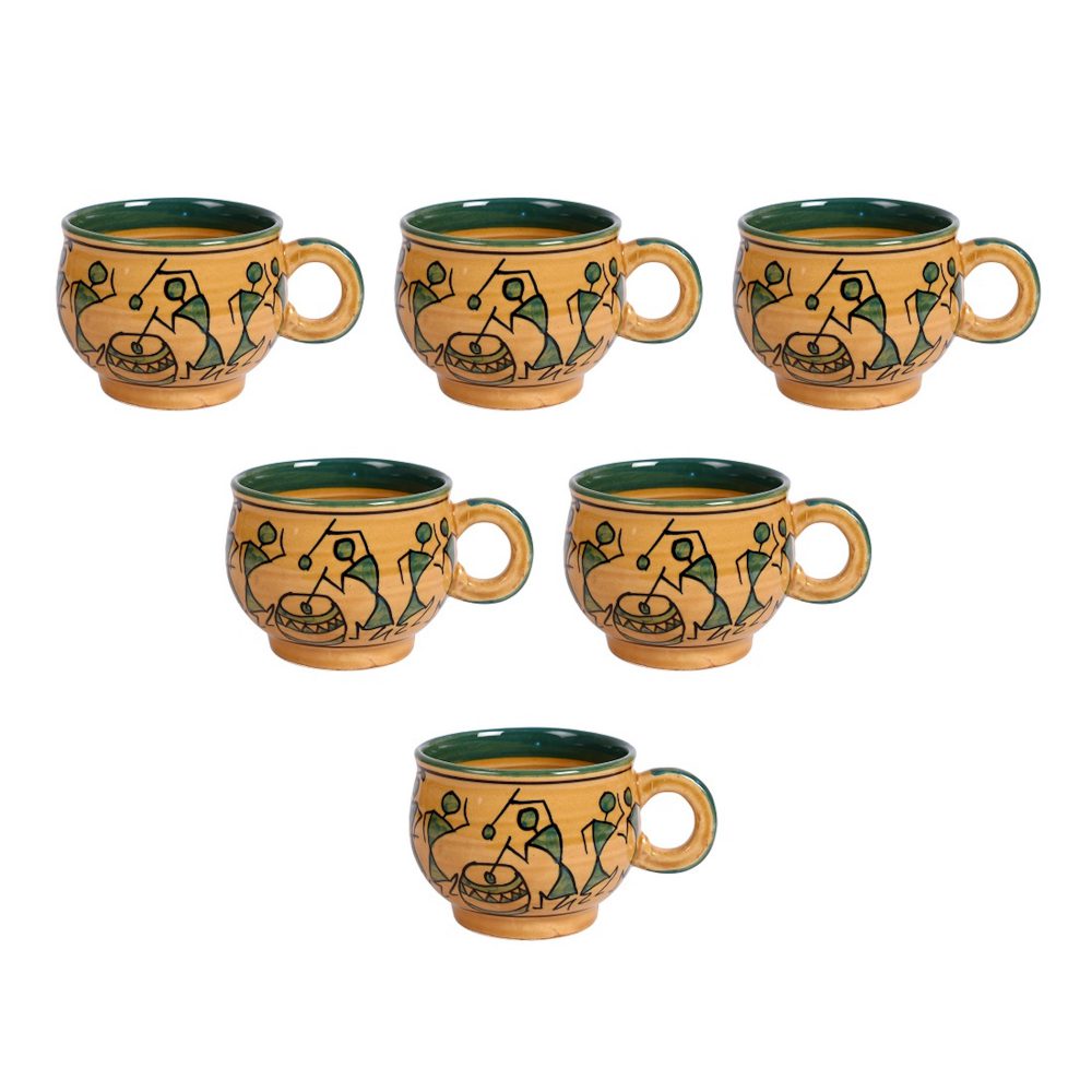 Moorni Cup Ceramic Warli Yellow (Set of 6) (4.4x3.1x2.7)