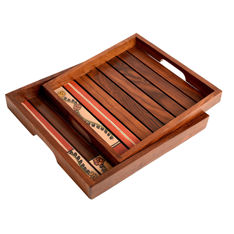 Moorni Trays with Tribal Art Handcrafted in RoseWood - Set of 2 (12x12/10.6x10.6 in)