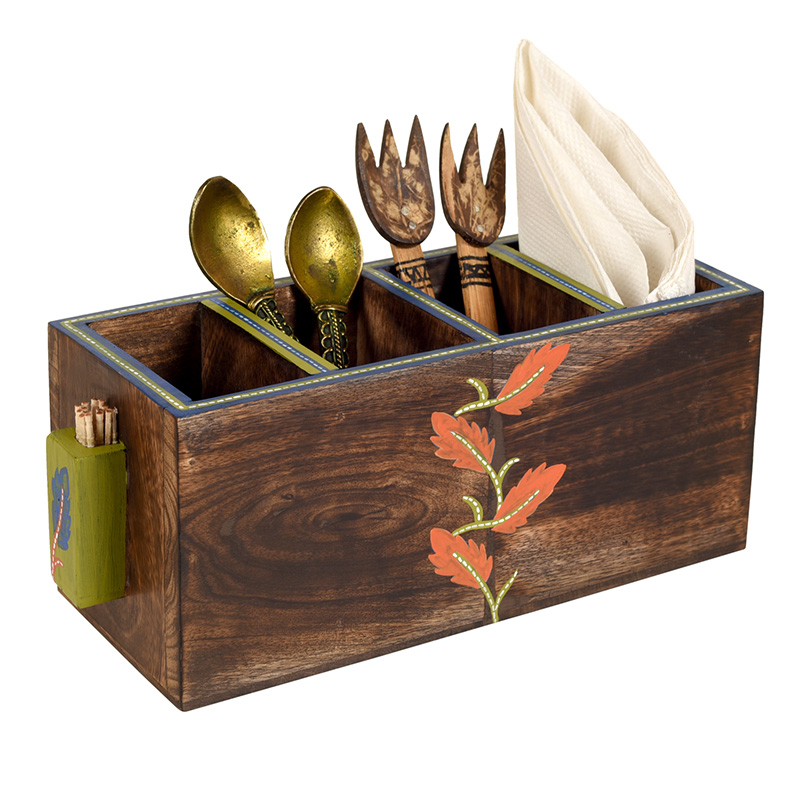 Moorni Autumn Leaf Cutlery Stand Handcrafted in Wood - (11x4x4)