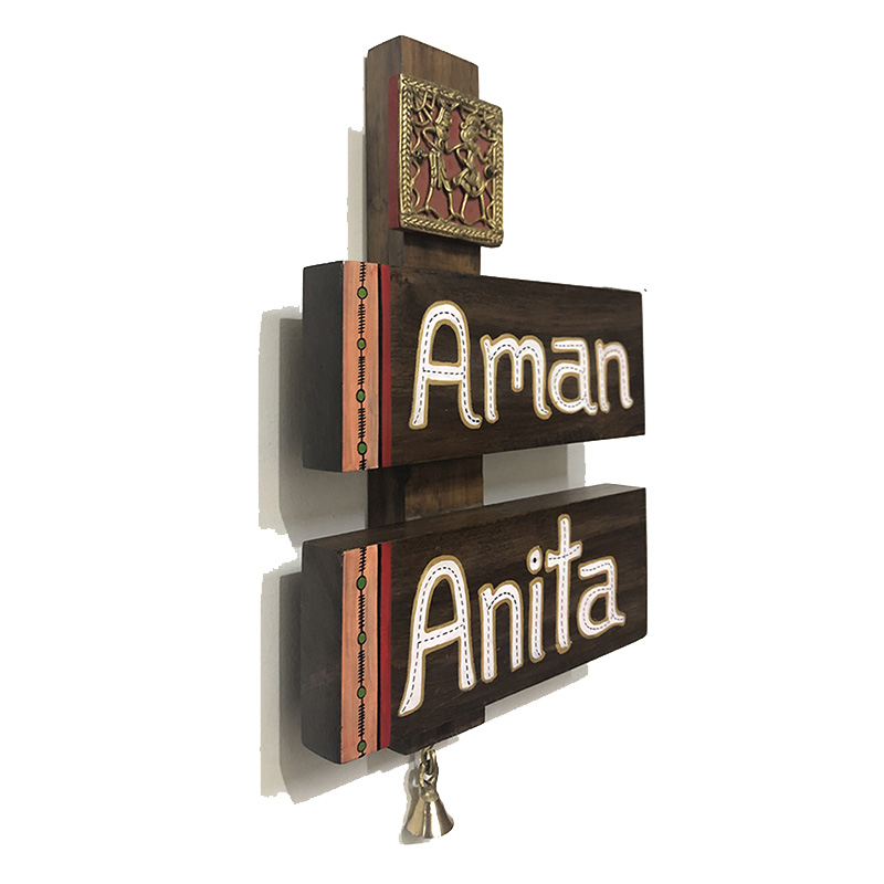 Moorni Wooden Name Plate with Dhokra Art Tile - 2 Names