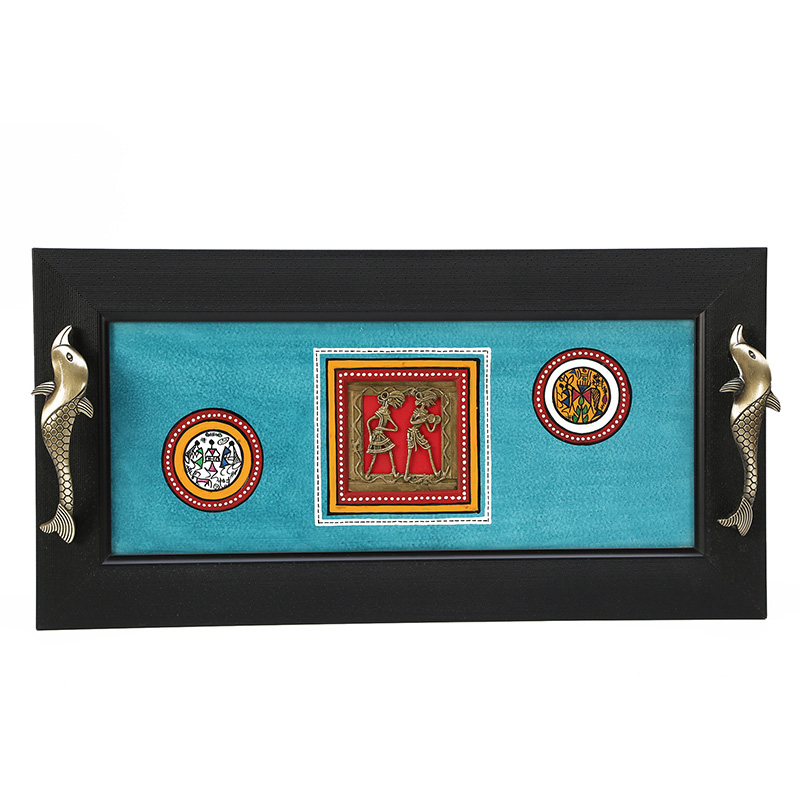 Moorni Tray Handcrafted & Framed with Dhokra Motifs & Fish Handles - Blue (18x9 in)