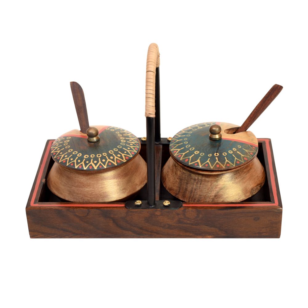 Moorni Wooden Handi Set with Stylish Metal Handle Tray (7.5x4x5.2)