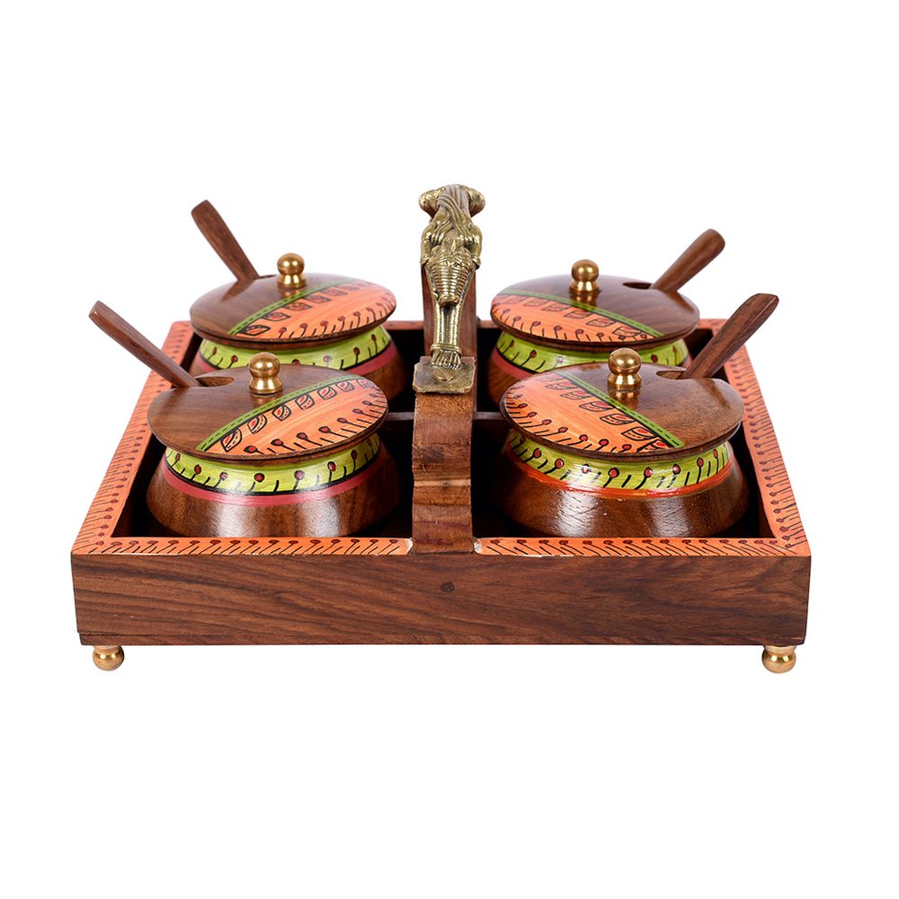 Moorni Tray & 4 Wooden Handi with Warli Design (Set of 5) (8x7.5x4.5)