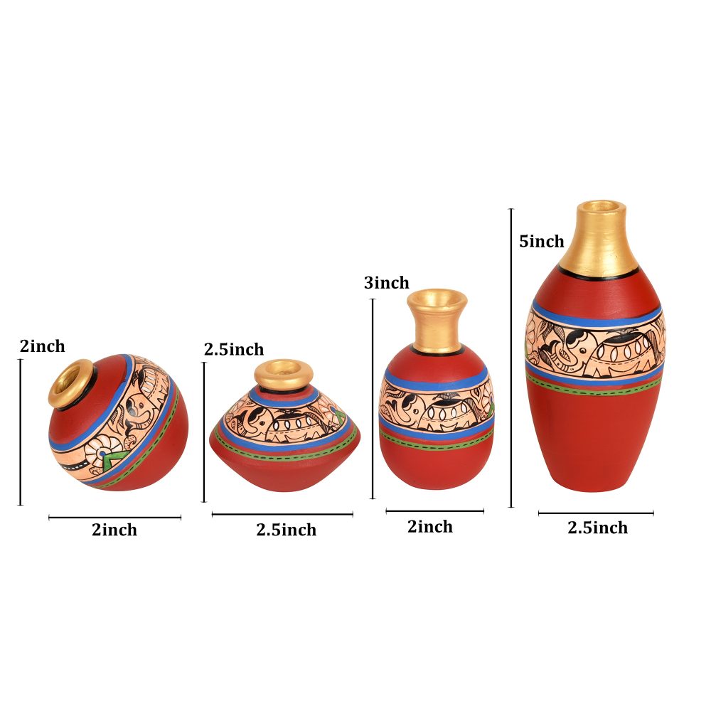 Moorni Rustic Madhubani Vases (So4) in Red color (5x2.5/4x3/2.5x2.5/6x3 HxDia)