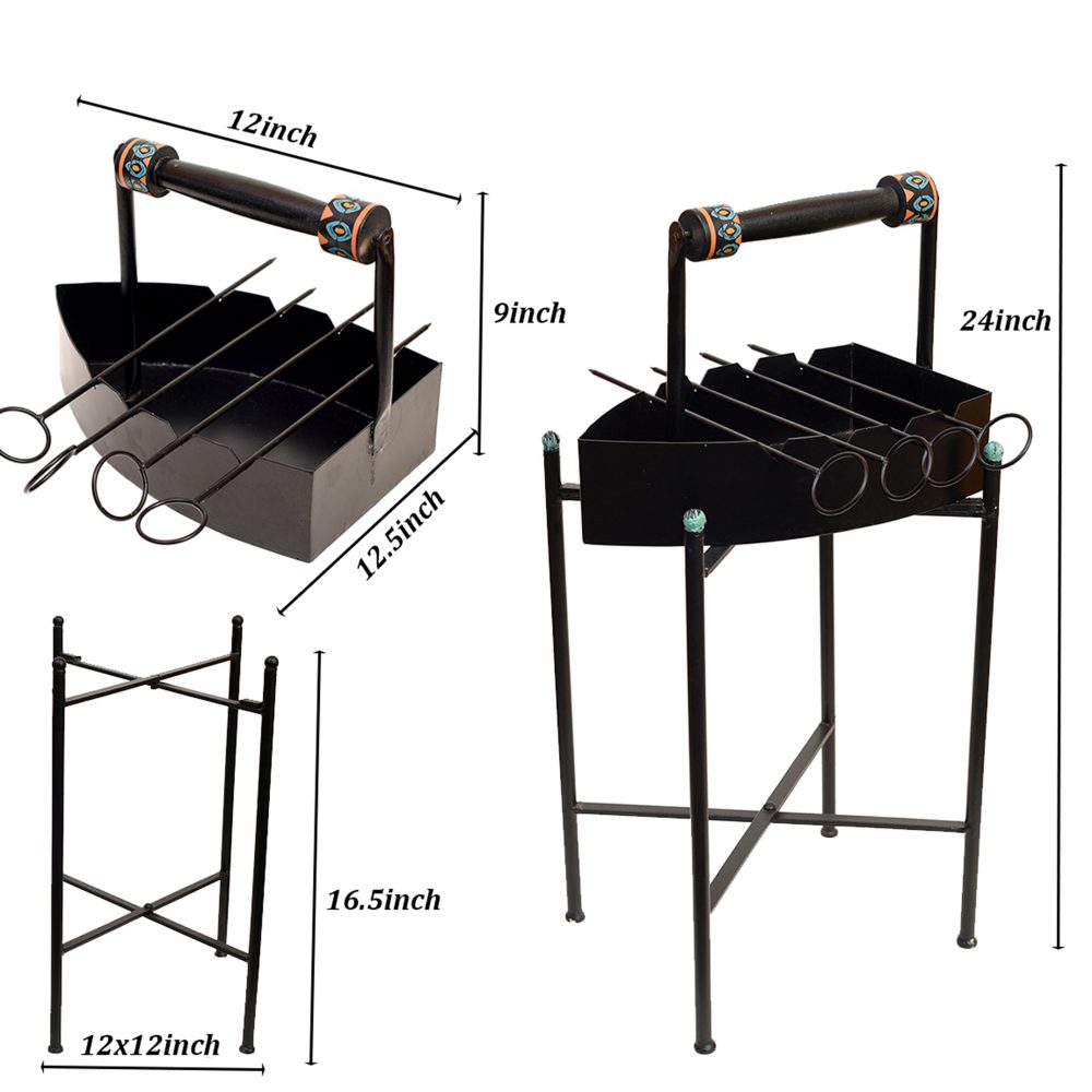 Moorni Stylish Steam Iron Bar-B-Que with Skewers on Cross Folding Metal Stand (12x12x24)