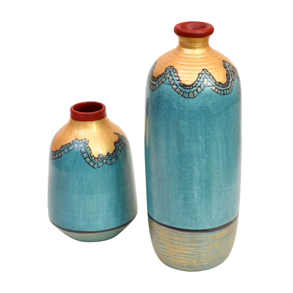 Moorni Turquoise Blue Golden Glaze Vase Set of 2 (10.5x4/6.5x4 Dia)