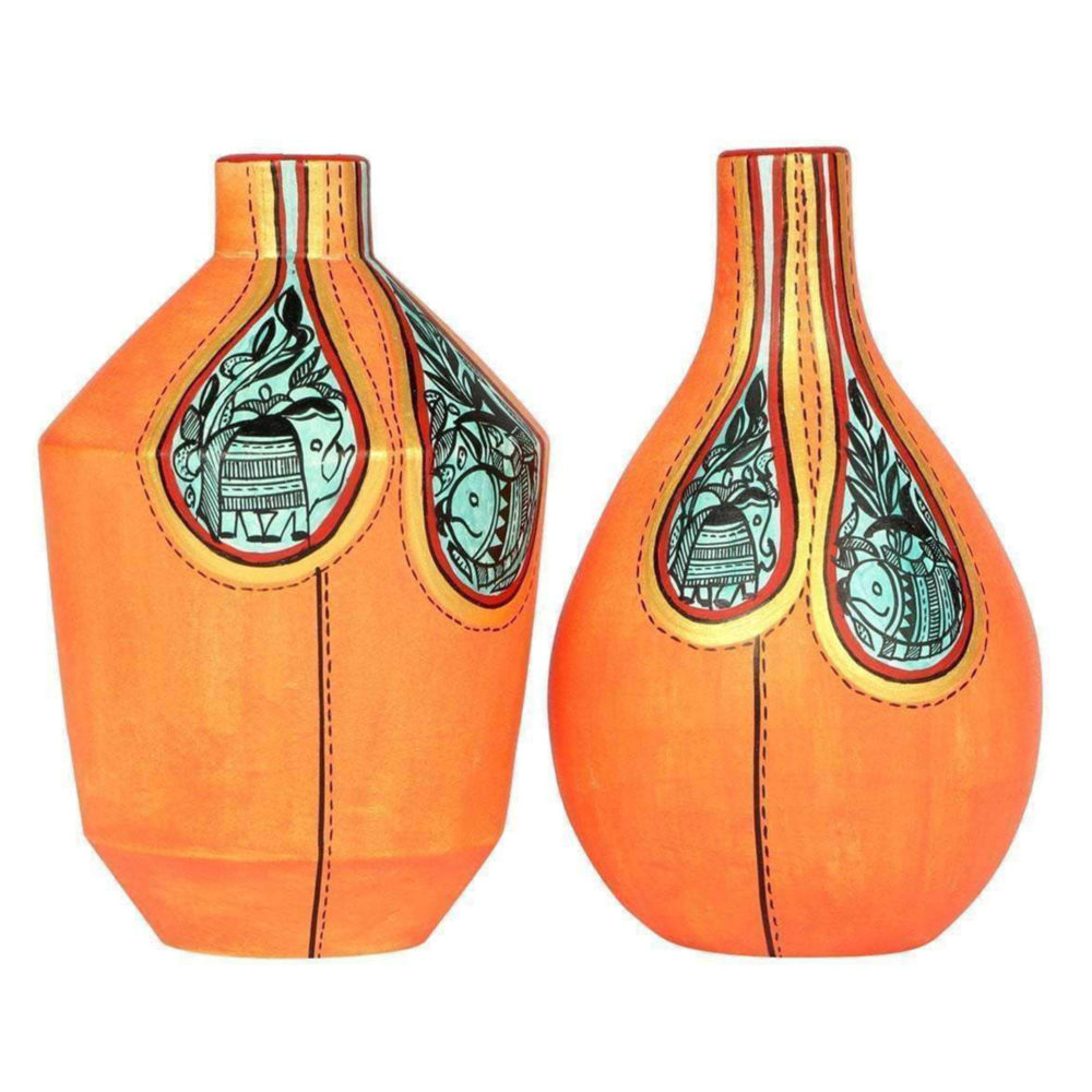 Moorni Vase Earthen Handcrafted Orange Warli (Set of 2) (6.1x3.7/6.3x3.7)