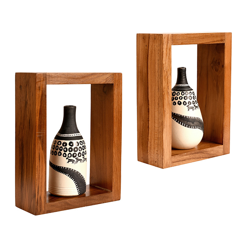 Moorni Wall Decor 2 Wooden Shelf Handcrafted 2 Warli Pot White - (6x2.5x8 in)