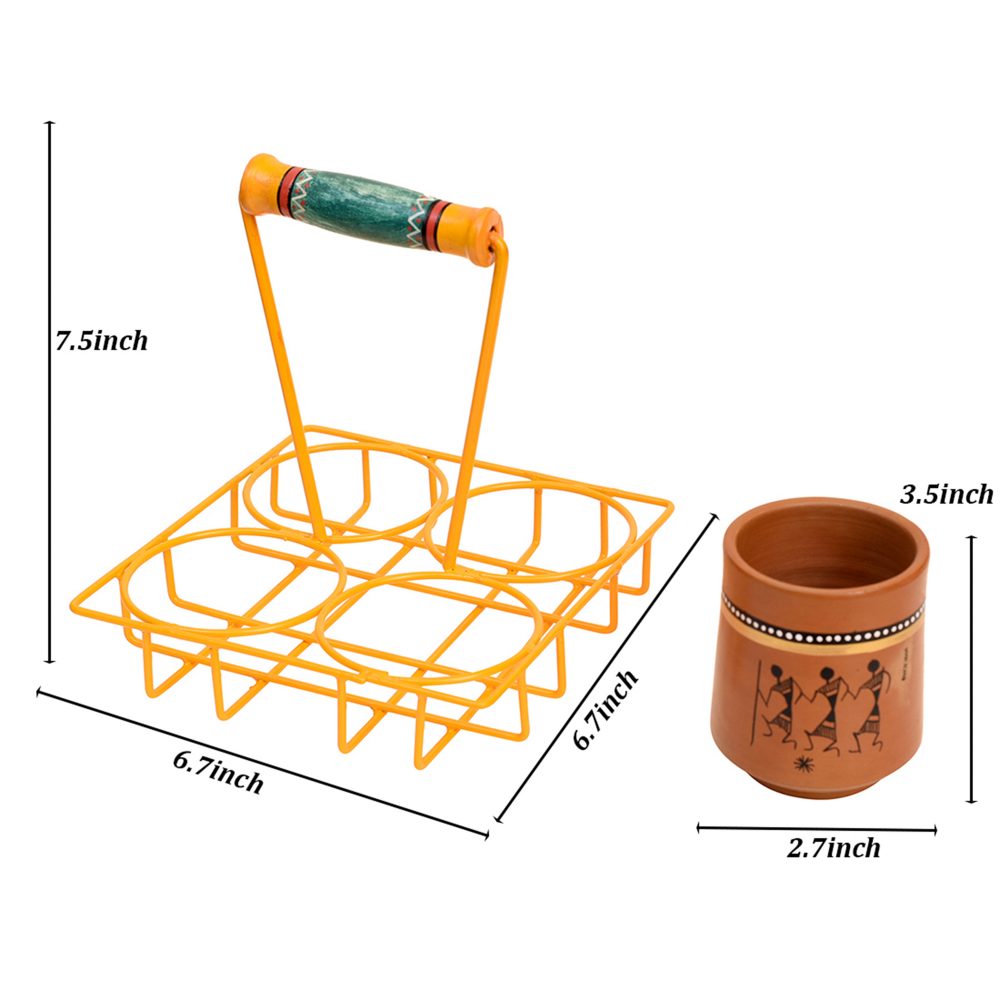 Moorni Ram Piyari Kullad Set (SO4) in Yellow Handpainted Metal Stand (6.7x6.7x7.5)