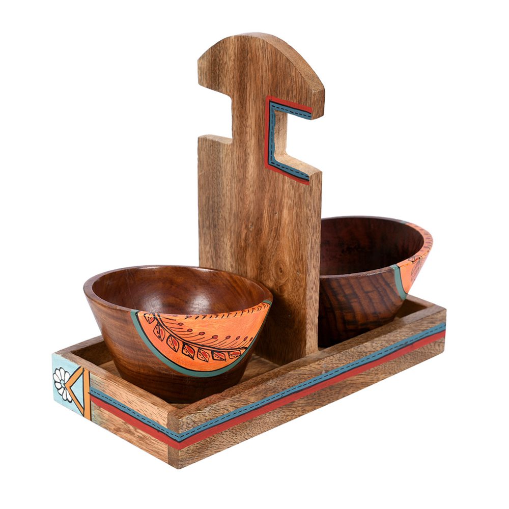 Moorni Bowl Holder & 2 Wooden Bowls (Set of 3) (9x4.4x6.4)