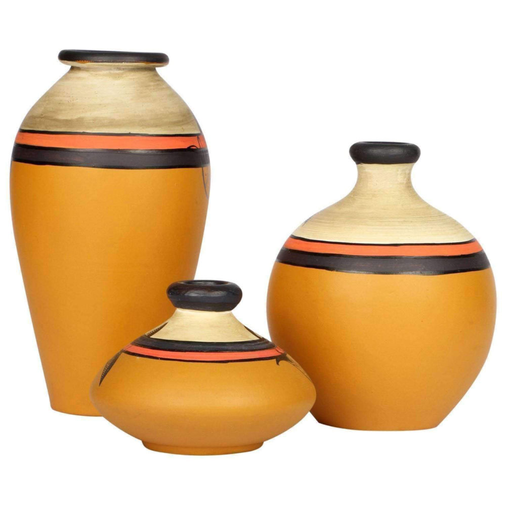 Moorni Vase Earthen Miniatures Yellow Madhubani (Set of 3) 4.4/5/7