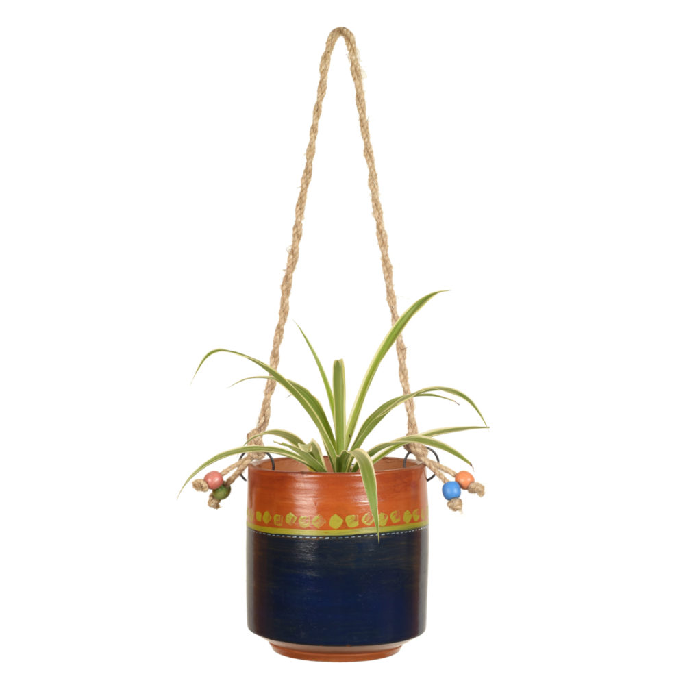 Moorni Blue-Brown Earthen Planter with Jute Hanger