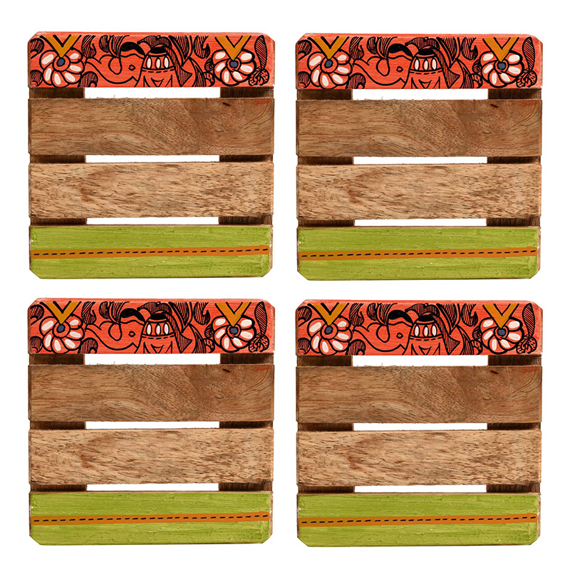 Moorni Coaster Sq Mangowood Handcrafted with Madhubani Art - Set of 4 (4Ã—4 in)