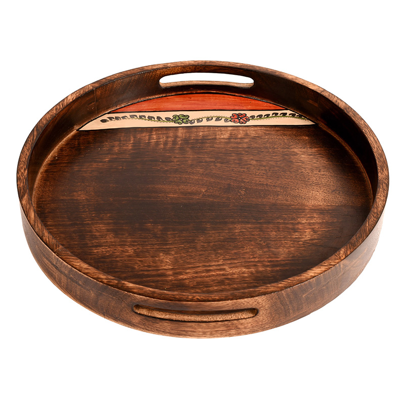 Moorni Tray Round Shape Handpainted with Tribal Art Handcrafted in Mango Wood - (14Ã—14 in)