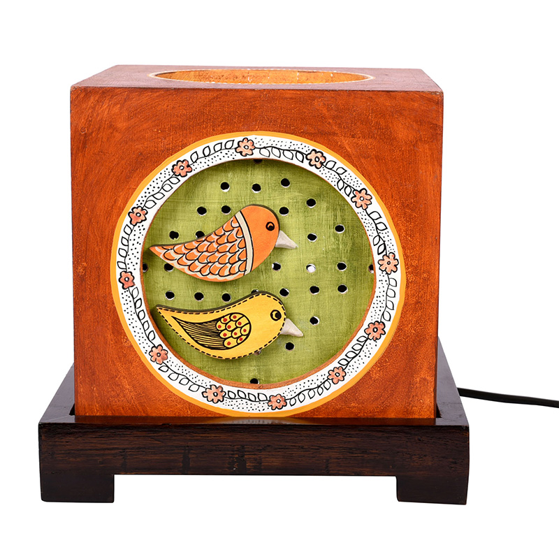 Moorni Table Lamp Handcrafted in Wood with Orange Fly Bird Motif - (8x8x7.5 in)