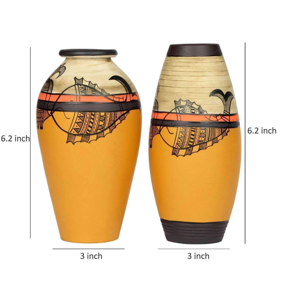 Moorni Vase Earthen Yellow Madhubani with Fish Motifs (Set of 2) (6.2x3/6.2x3)