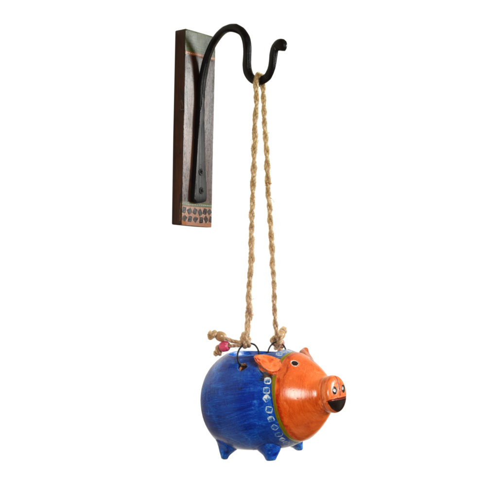 Moorni Blue Pig Earthen Planter on a Classic Wall Hook