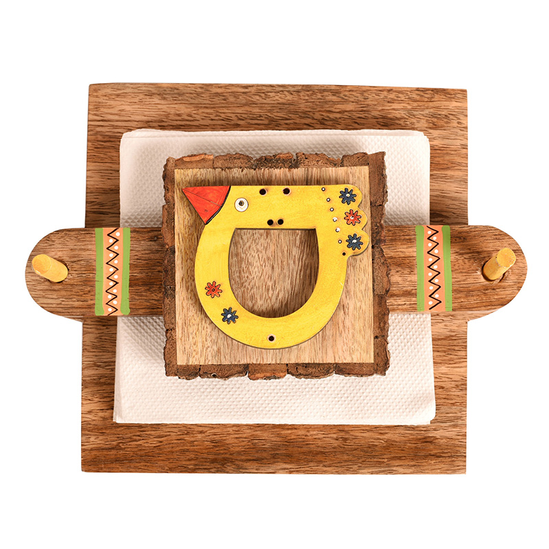 Moorni Tissue Holder with Bird Design Handcrafted in Wood with Tribal Art - (9.5x7.5x3.5 in)