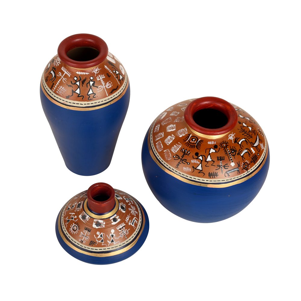 Moorni Exotic Warli Vases in Blue color (Set of 3)