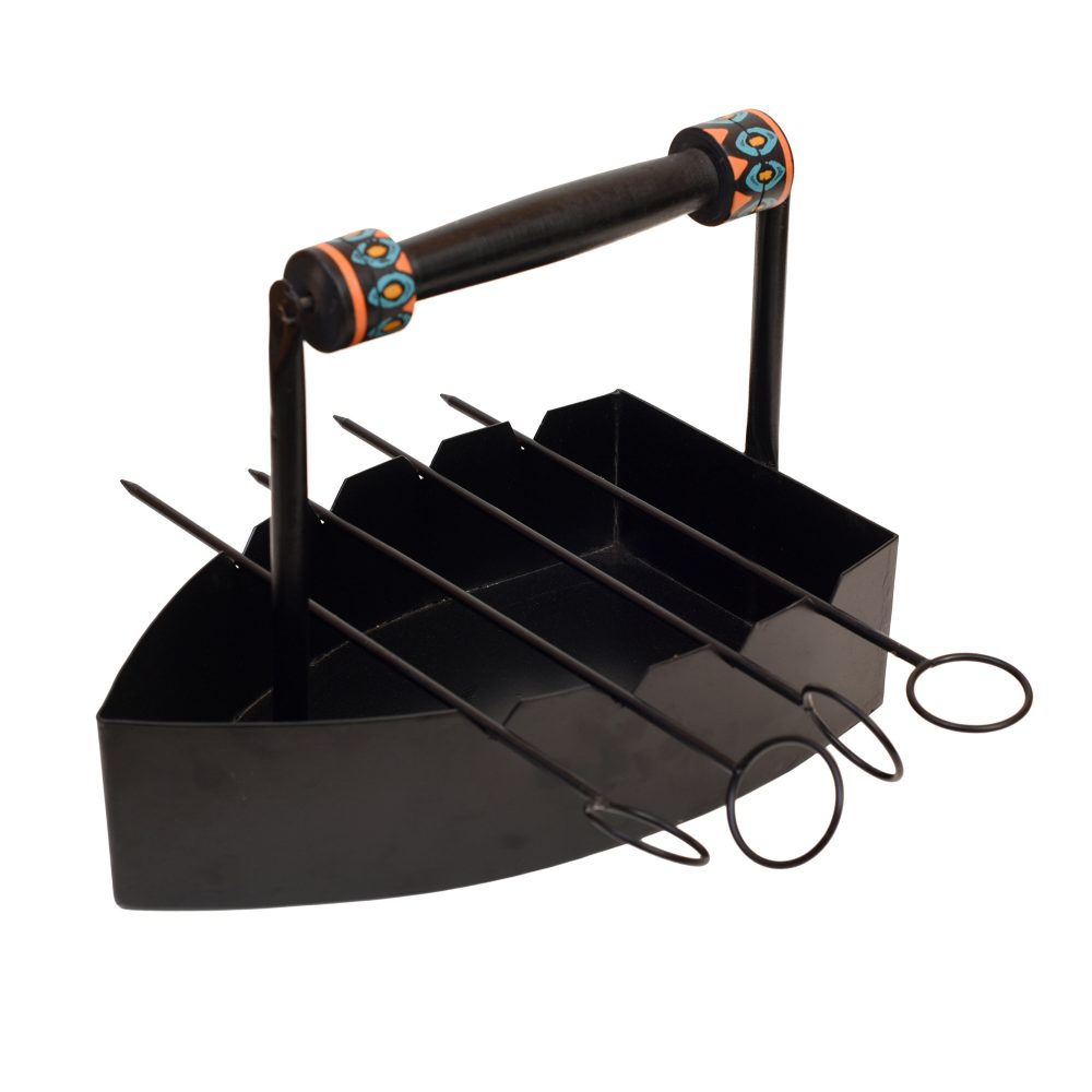 Moorni Stylish Steam Iron Bar-B-Que with Skewers on Cross Folding Metal Stand (12x12x24)