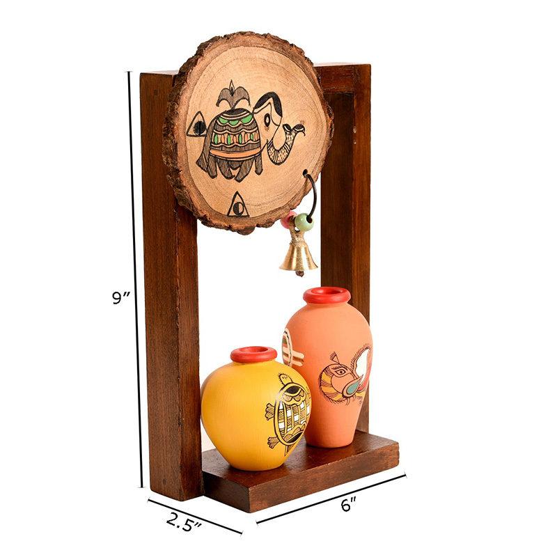 Moorni Wall Decor Wooden Shelf with 2 Pots Round Coaster Design - (6x2.5x9 in)