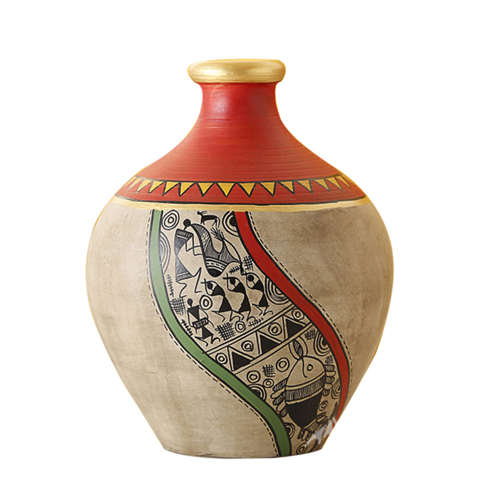 Moorni Vase Earthen Handcrafted Red & Gold Warli 5x4(HxD)