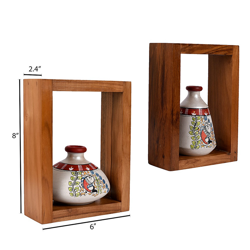 Moorni Wall Decor 2 Wooden Shelf & 2 Pots Handcrafted Madhubani - (6x2.5x8 in)