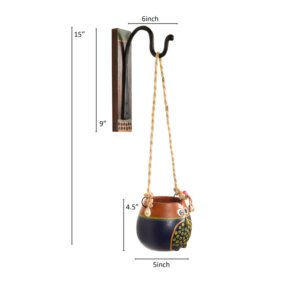 Moorni Brown-Blue Earthen Planter on a Classic Wall Hook