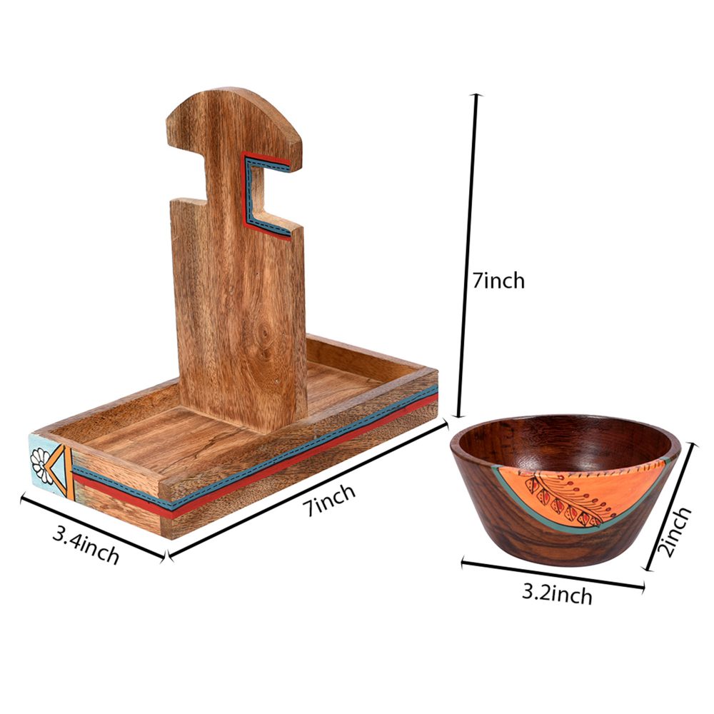 Moorni Bowl Holder & 2 Wooden Bowls (Set of 3) (9x4.4x6.4)