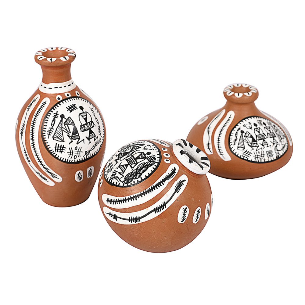 Moorni Vase Earthen Miniatures Natural Warli (Set of 3) 2.4/2/2