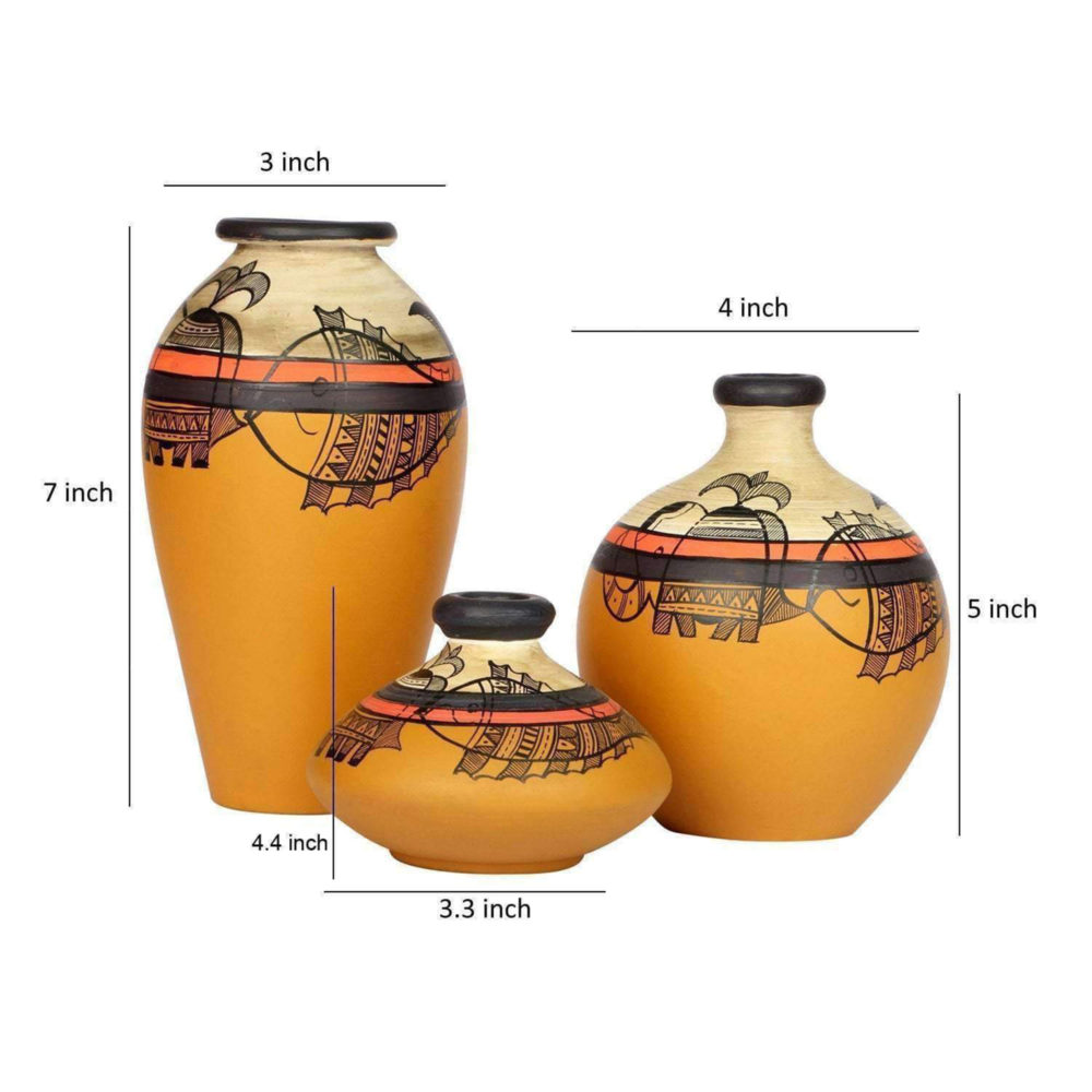 Moorni Vase Earthen Miniatures Yellow Madhubani (Set of 3) 4.4/5/7