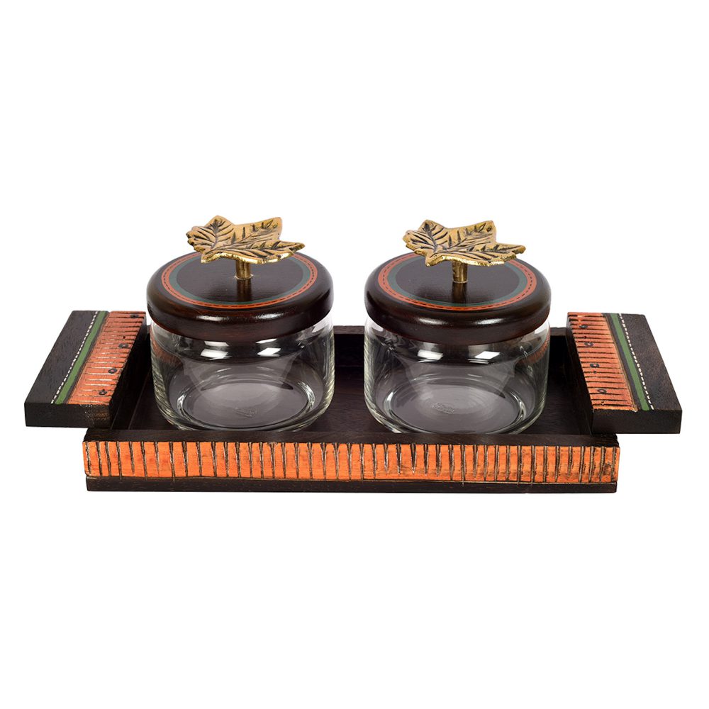 Moorni Tray in Wood & 2 Glass Jaars with Brass Handle Lids (Set of 3) (12x5)