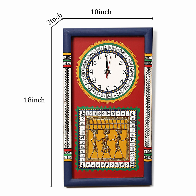 Moorni Wall Clock Handcrafted Warli/Dhokra Art Red Dial with Glass Frame - (10x18 in)