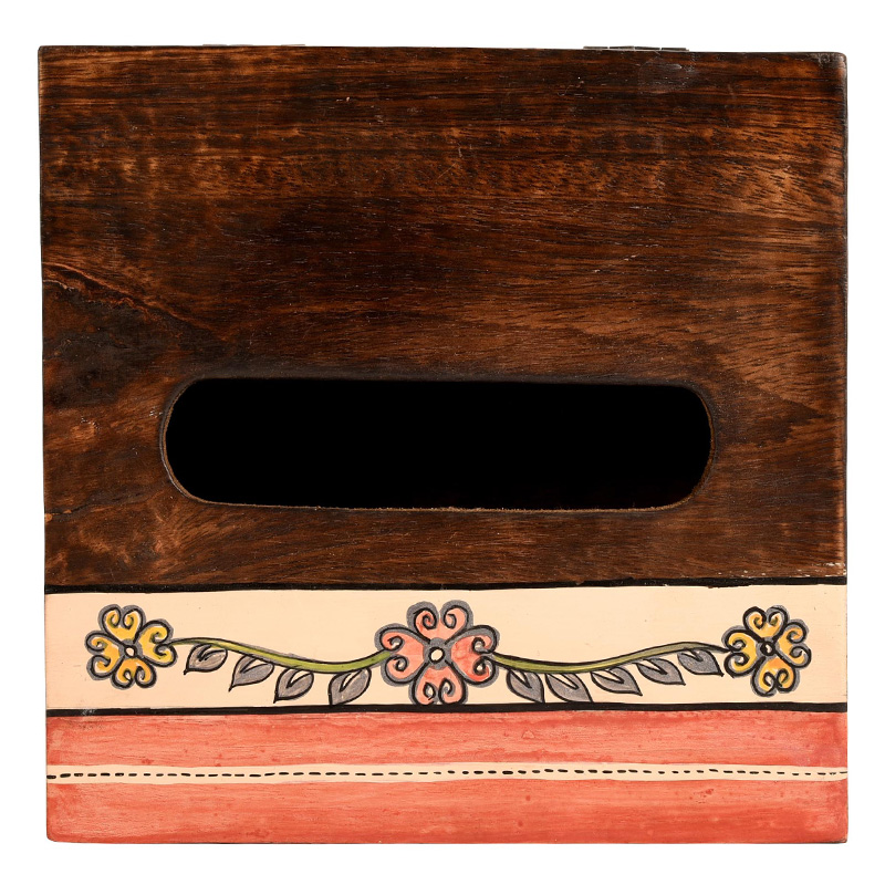 Moorni Tissue Box Handcrafted in Wood with Tribal Art Flower Design - (7x7x2.5 in)