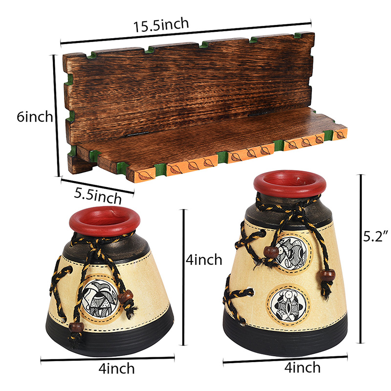 Moorni Wall Decor Wooden Shelf with 2 Pots Madhubani Design - (15x5.5x6 in)