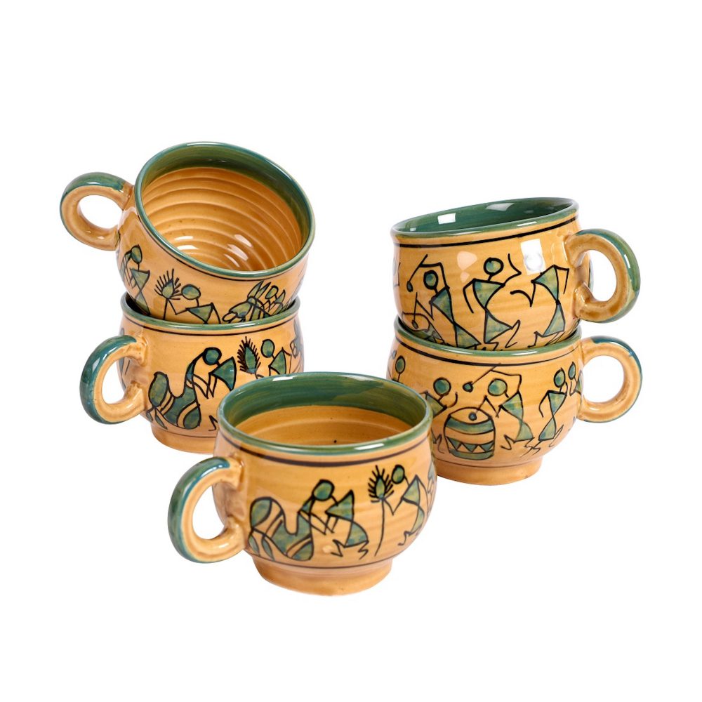 Moorni Cup Ceramic Warli Yellow (Set of 6) (4.4x3.1x2.7)