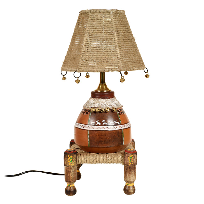 Moorni Hand Knitted Earthen Lamp with Jute Shade on Rosewood Manji - (7x7x18 in)