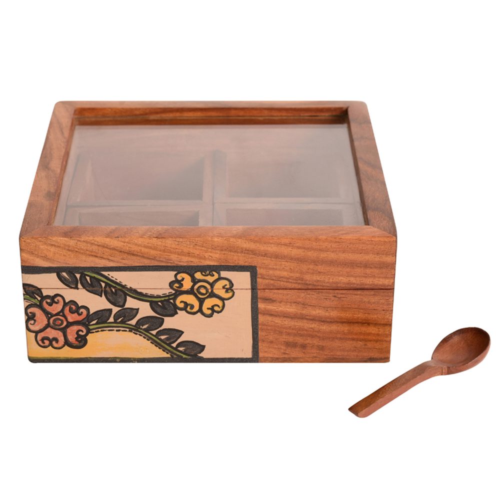 Moorni Spice Box Handcrafted Tribal Art 4 Slot Wooden with Spoon (6x6x2)